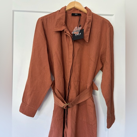 ABLE Charlyn Linen Blend Button Up Jumpsuit in Amber Brown - Picture 6 of 13